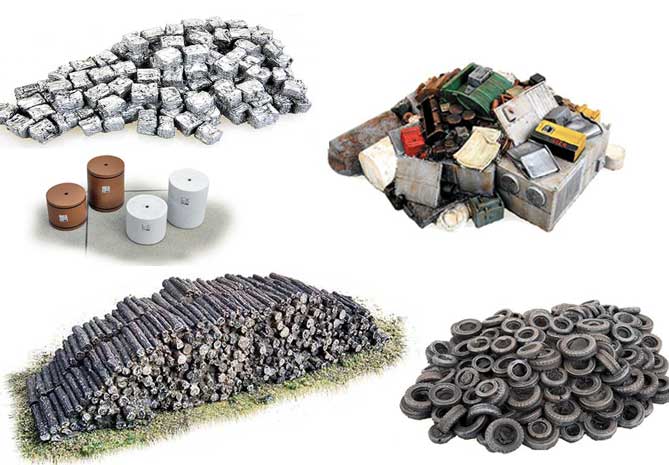 Industrial scrap, tires etc.